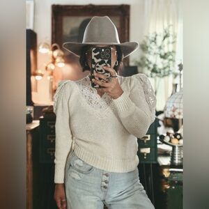 Vintage Nanelle Ivory Lace Pearl Knit Sheer Back Sweater Size Small